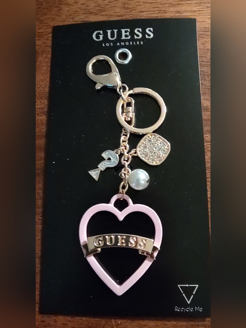GUESS Pink & Gold Heart Keychain Charm with Logo Banner